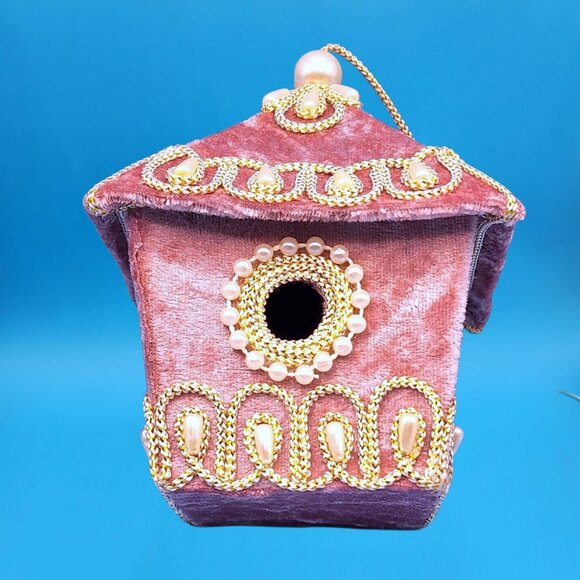 Victorian Birdhouse Ornaments Pink Velvet Pearl Bead Gold Trim Cherub Birds Rose - Picture 6 of 8